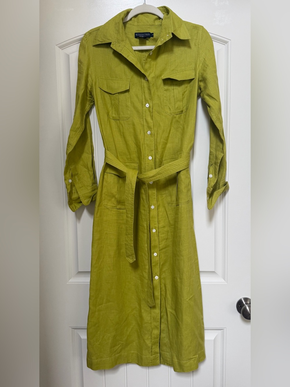 J. Peterman Lime Green Linen Button Front Tie Waist Midi Shirt Dress, size 6